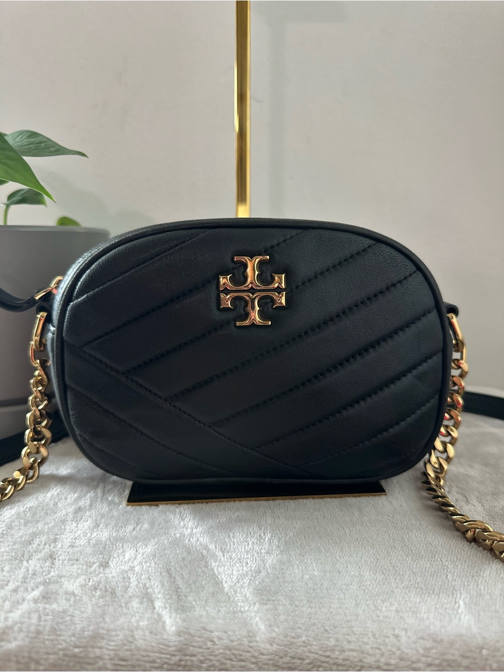 Tory Burch Black Quilted Leather Camera Bag with Gold Logo